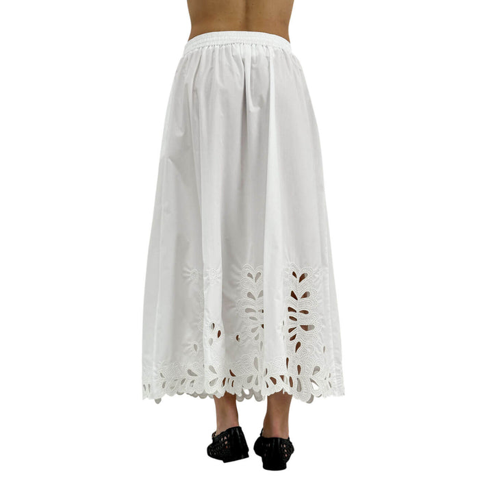 Meimeij Women's Long Skirt with Embroidered Hem, Cotton, White