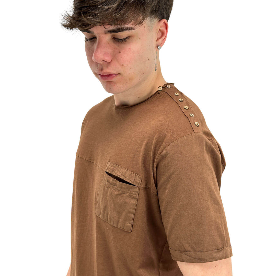 MarKup Men's Sweater, T-Shirt, Crew Neck, Buttons on the Shoulder, Brown