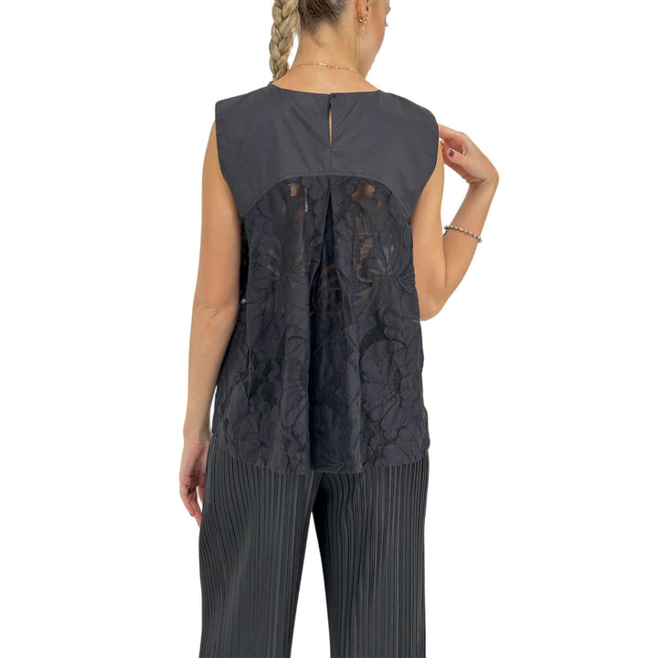 Meimeij Women's Sleeveless Top with Lace Inserts, Cotton, Black