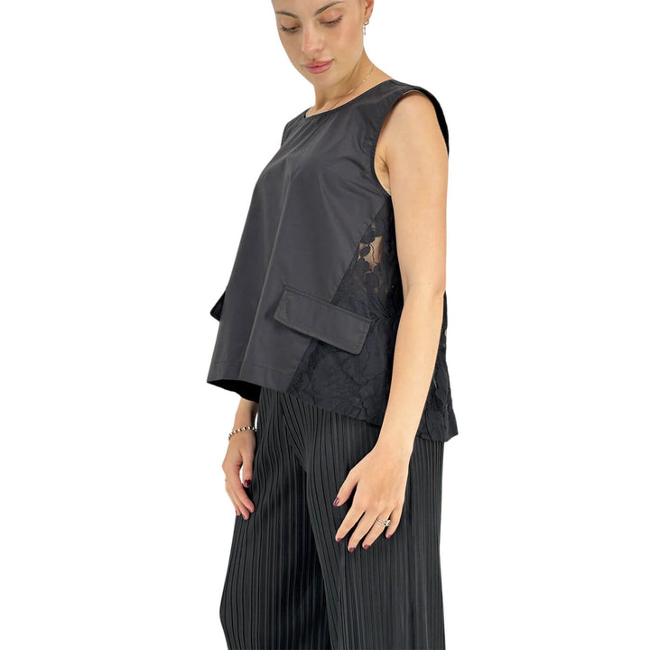 Meimeij Women's Sleeveless Top with Lace Inserts, Cotton, Black