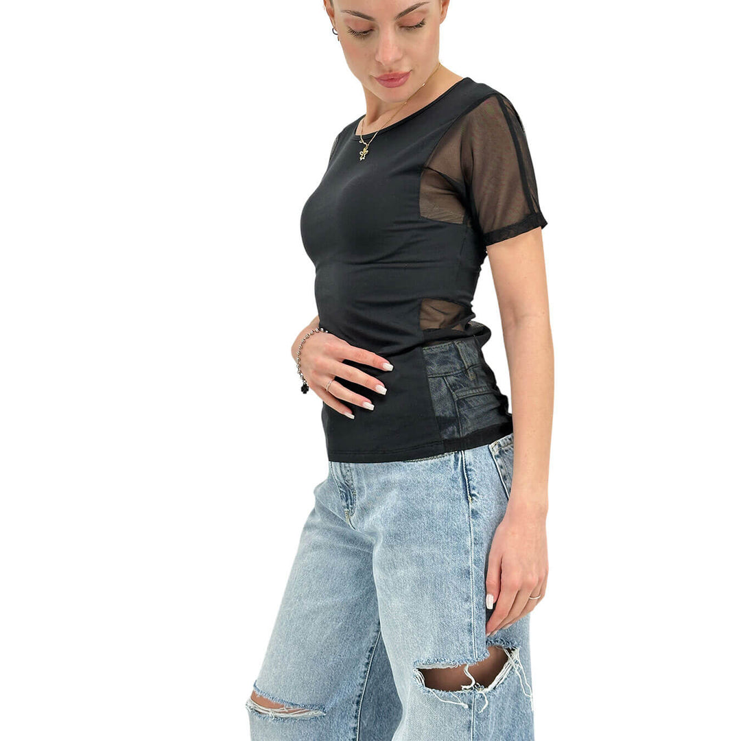 Imperial Maglia Donna, T-Shirt, Lati Trasparenti, Modal, Nero