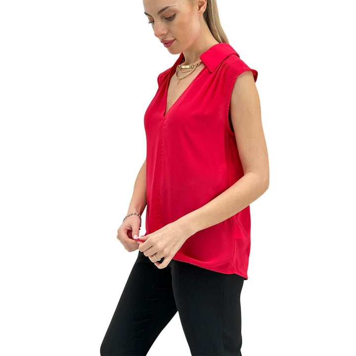 Relish Women's Blouse, Sleeveless, V-Neck, Collar, Red