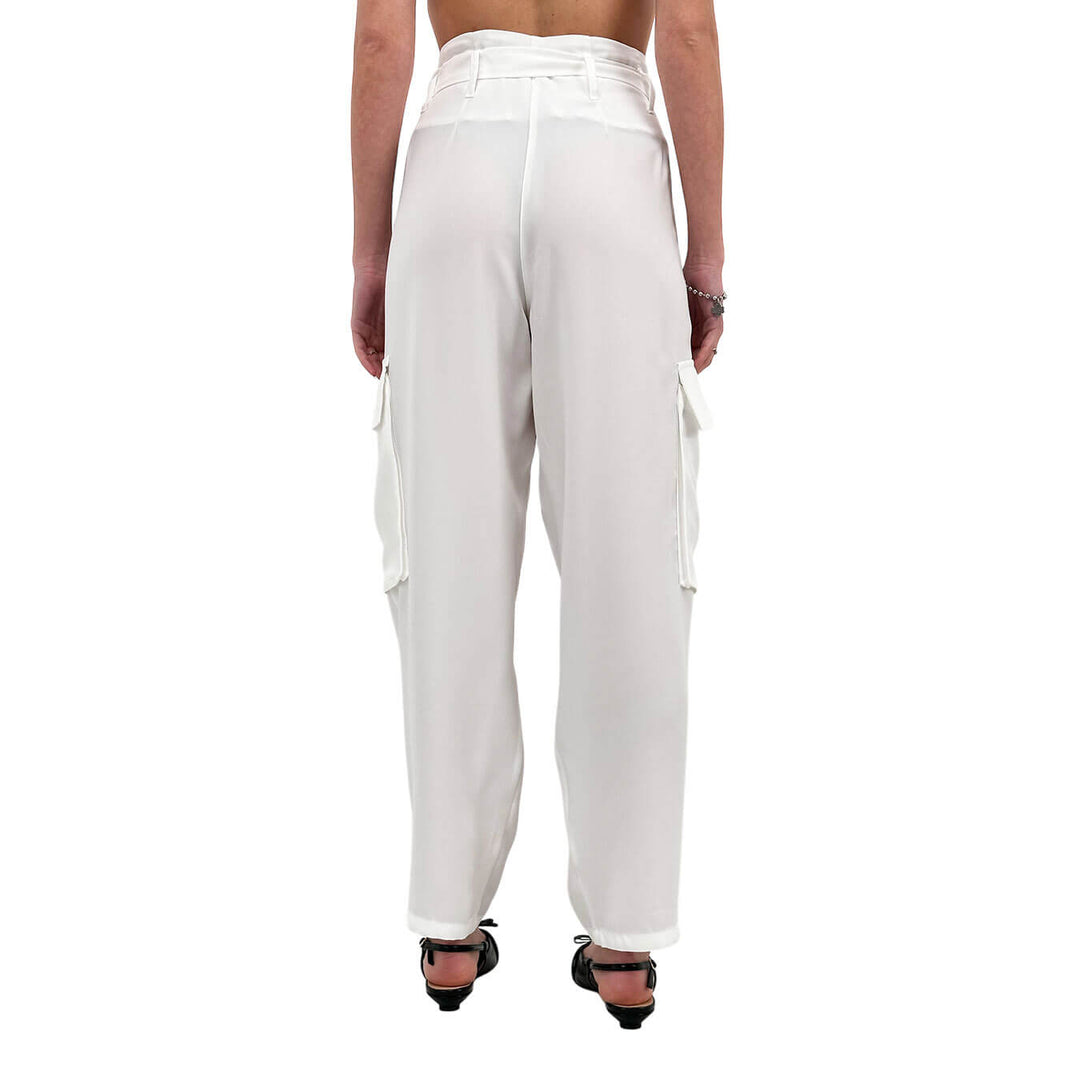 Koralline Pantaloni Donna, Cargo, Fiocco in Vita, Tasche, Bianco