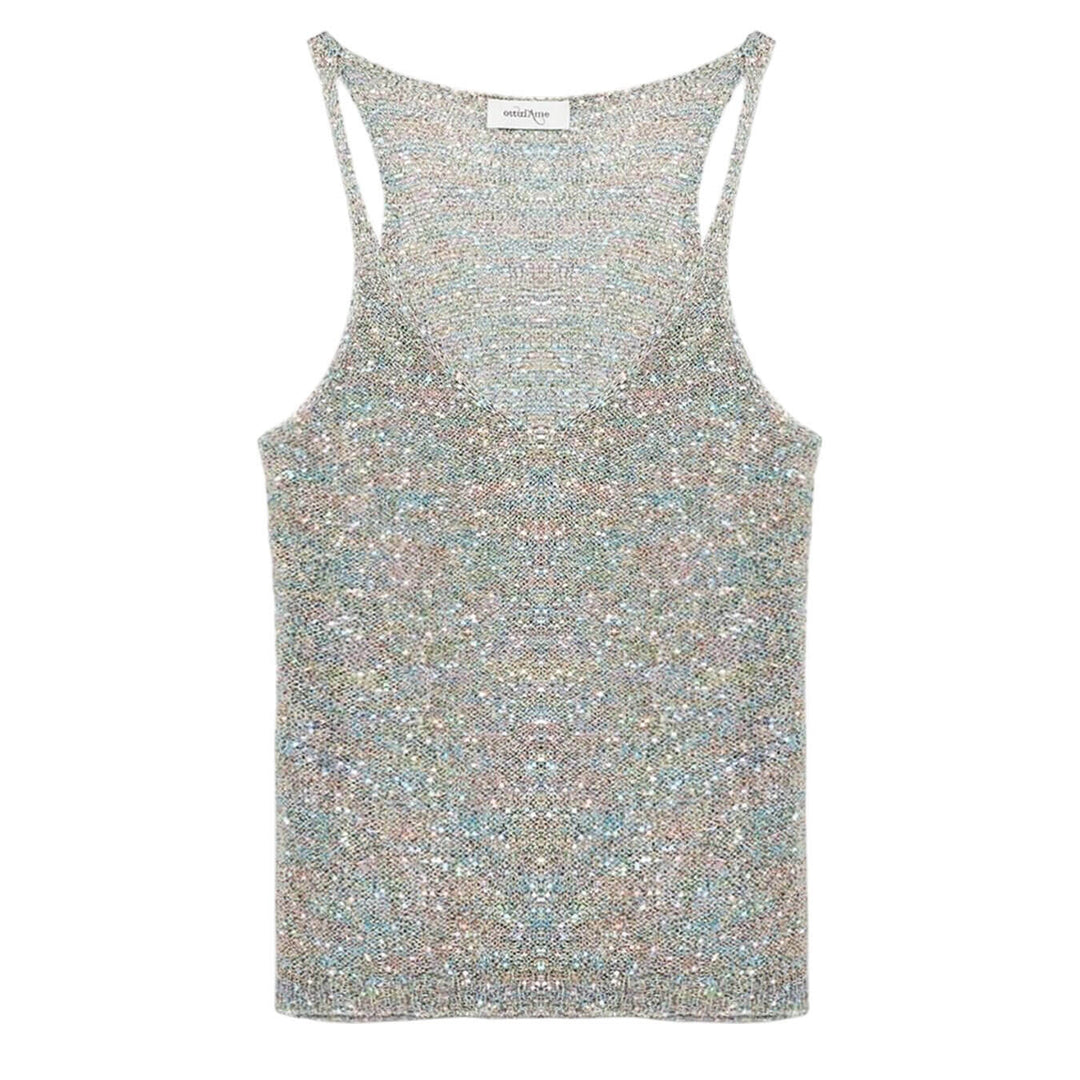 Ottod'Ame Women's Jersey, Tank Top, Sequins, Mixed Fabric, Grey