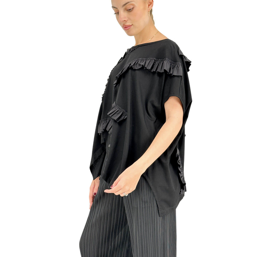 Meimeij Women's T-Shirt, Crew Neck, Appliques, Cotton, Black