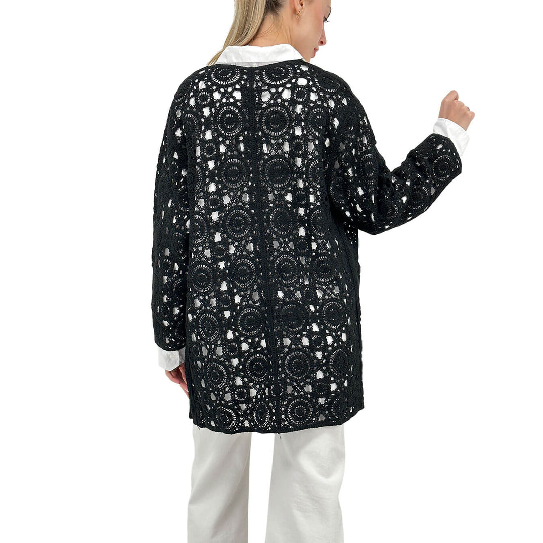 Koralline Women's Sweater, Kimono, Macramé, Cotton, Black
