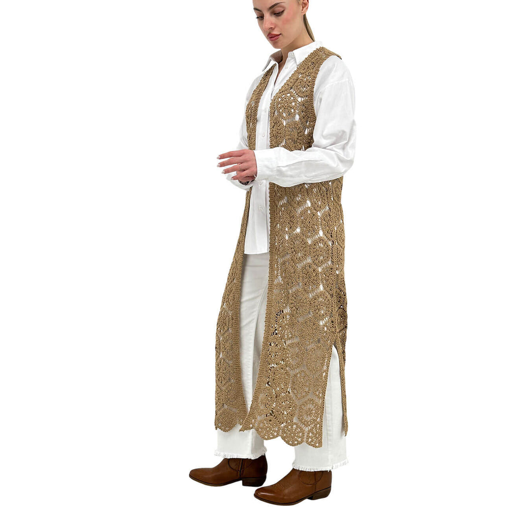 Koralline Women's Vest, Open, Long, Crochet, Cotton, Beige