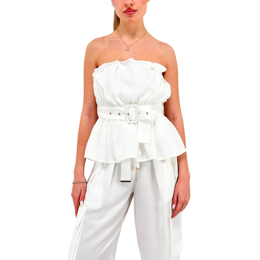 Koralline Maglia Donna, Top Volant, Cintura, Bianco