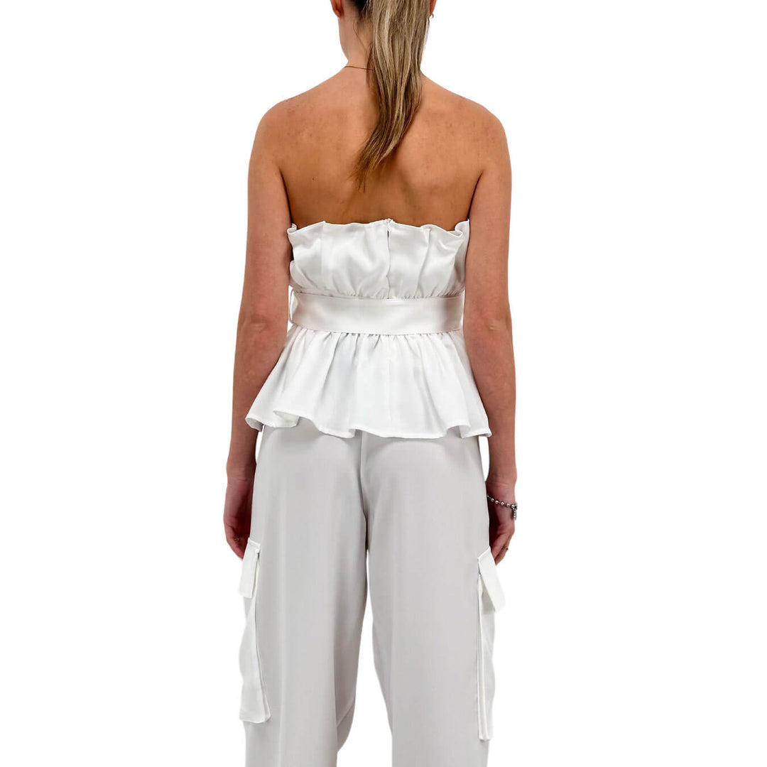 Koralline Maglia Donna, Top Volant, Cintura, Bianco