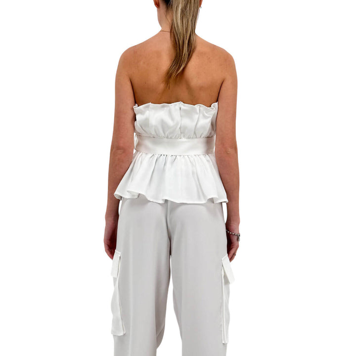 Koralline Maglia Donna, Top Volant, Cintura, Bianco