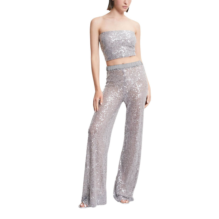 Ottod'Ame Women's Pants, Palazzo, Sequins, Mixed Fabric, Grey