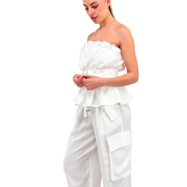 Koralline Maglia Donna, Top Volant, Cintura, Bianco