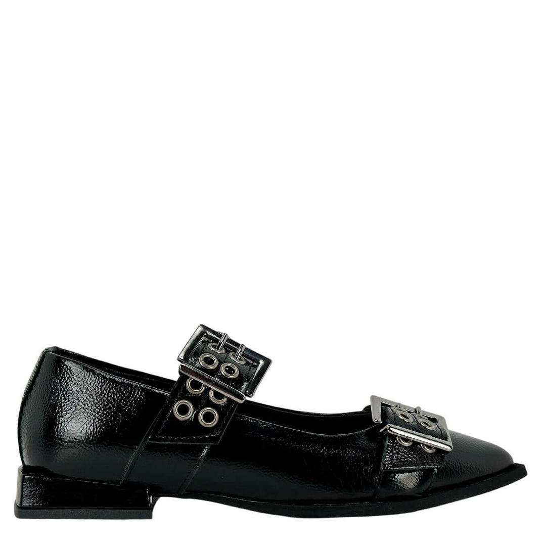 Divine Follie Scarpe Donna, Ballerina, Maxi Fibbie, Naplak, Nero, bassiniboutique