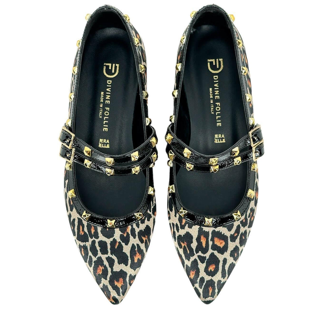 Divine Follie Scarpe Donna, Ballerina, Tessuto Maculato, Borchie, Nero, bassiniboutique