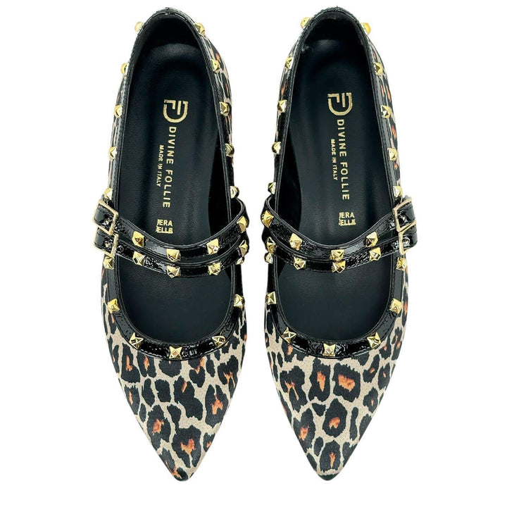 Divine Follie Scarpe Donna, Ballerina, Tessuto Maculato, Borchie, Nero, bassiniboutique