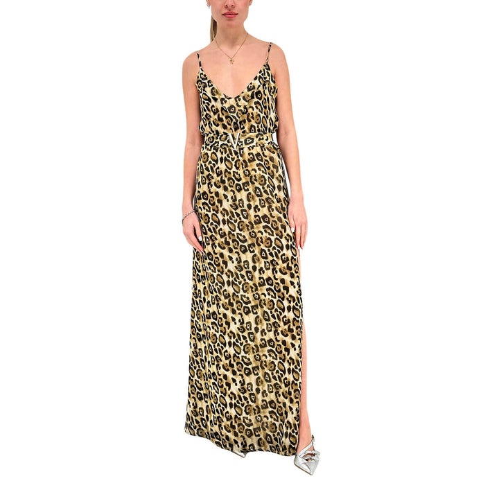 Koralline Women's Dress, Long, Side Slit, Animal Print, Beige