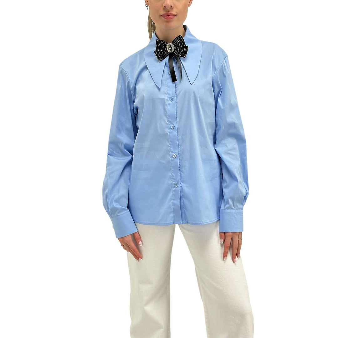 Kontatto Women's Shirt, Maxi Collar, Decorative Bow, Light Blue