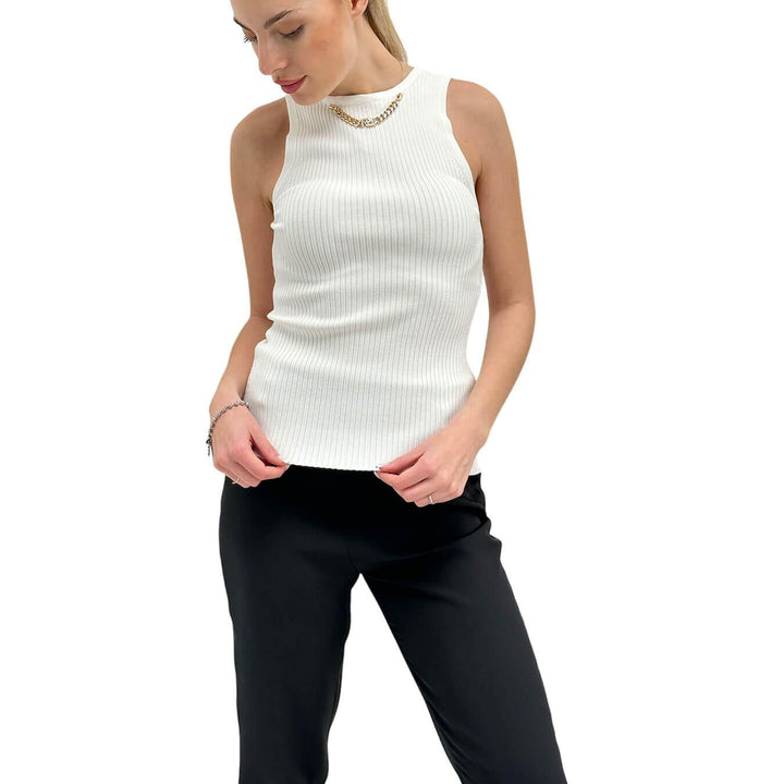 Relish Reina Women's Jersey, Ribbed Tank Top, Logo Chain, White