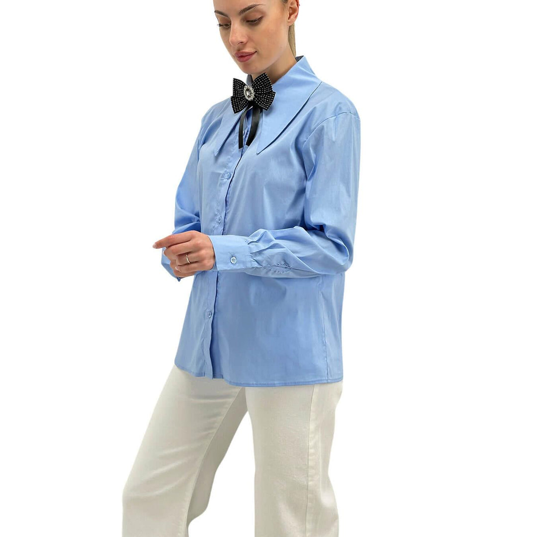 Kontatto Women's Shirt, Maxi Collar, Decorative Bow, Light Blue