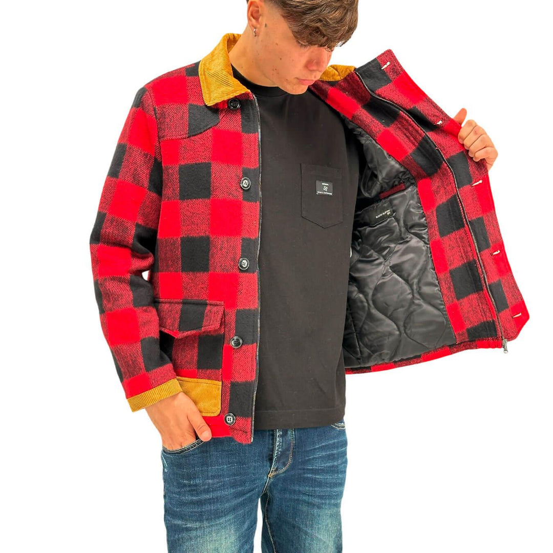 BL.11 Block Eleven Giacca Caban Uomo, Monopetto, Check, Rosso