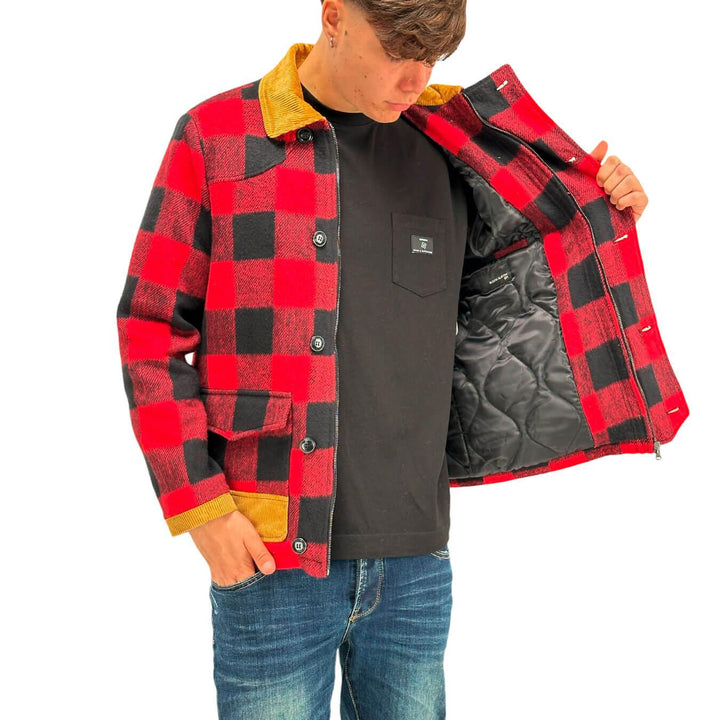 BL.11 Block Eleven Giacca Caban Uomo, Monopetto, Check, Rosso