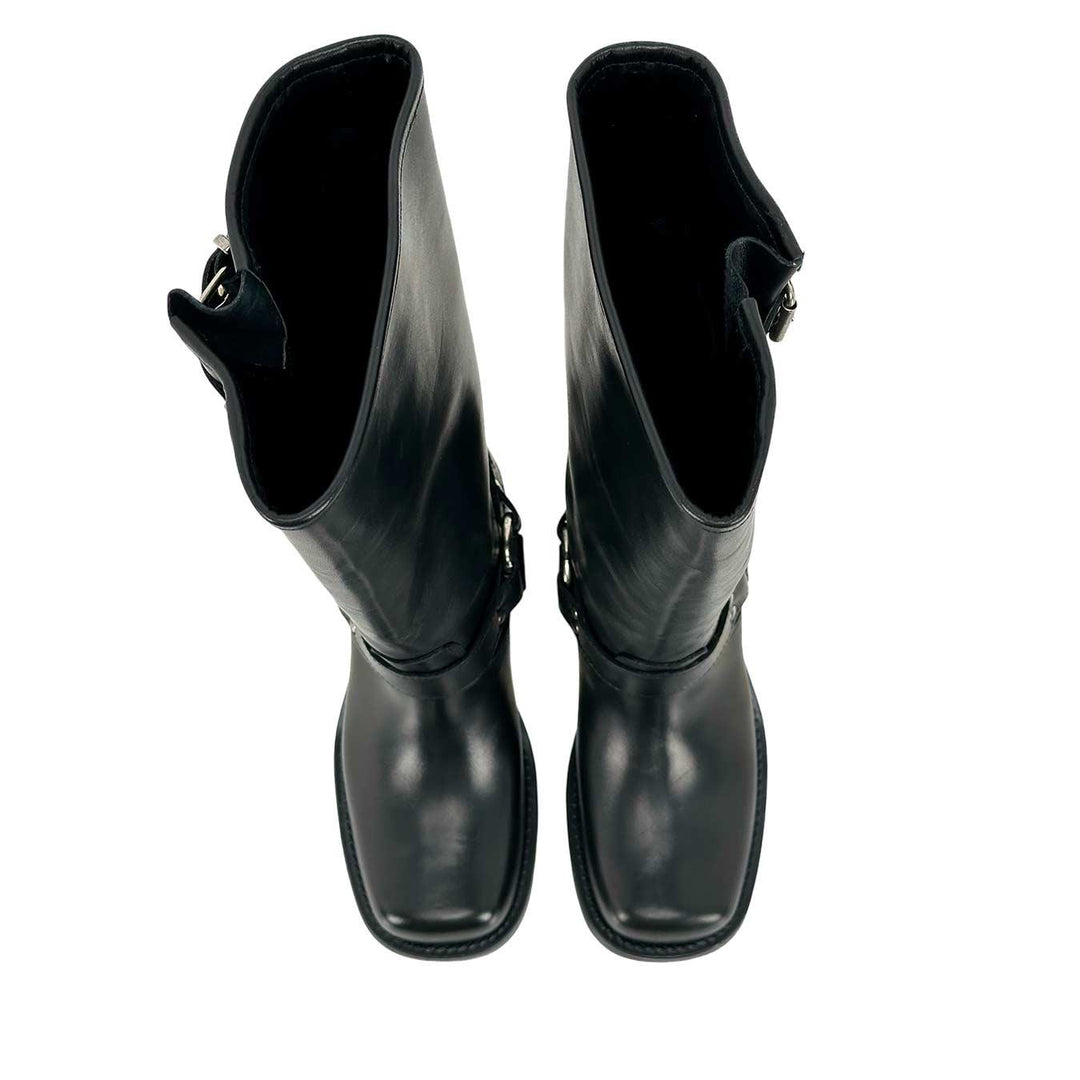 Ovyé Women's Shoes, High Boot, Biker, Side Buckles, Leather, Black