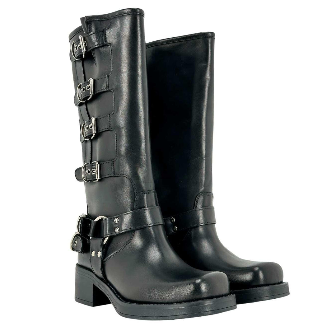 Ovyé Women's Shoes, High Boot, Biker, Side Buckles, Leather, Black