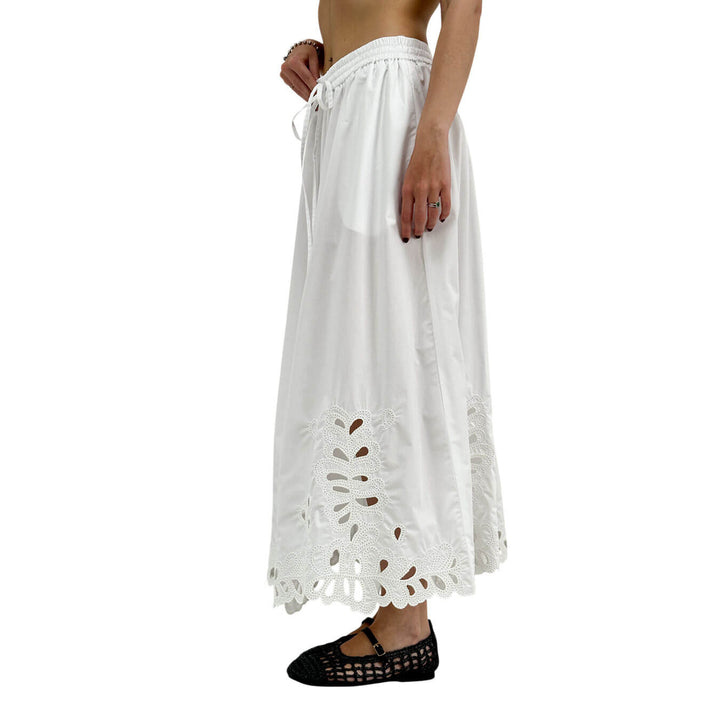 Meimeij Women's Long Skirt with Embroidered Hem, Cotton, White