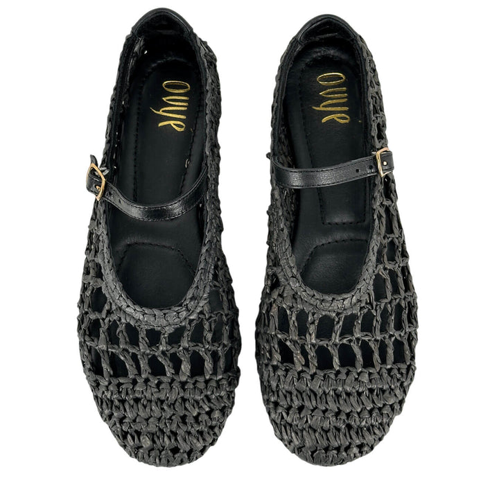 Ovyé Women's Shoes, Ballerina, Woven Raffia, Strap, Black