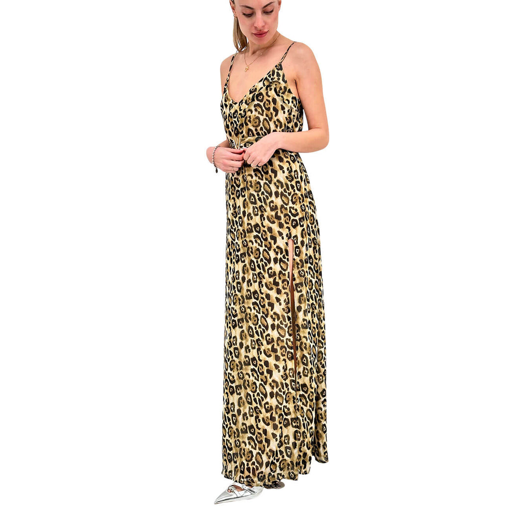 Koralline Women's Dress, Long, Side Slit, Animal Print, Beige