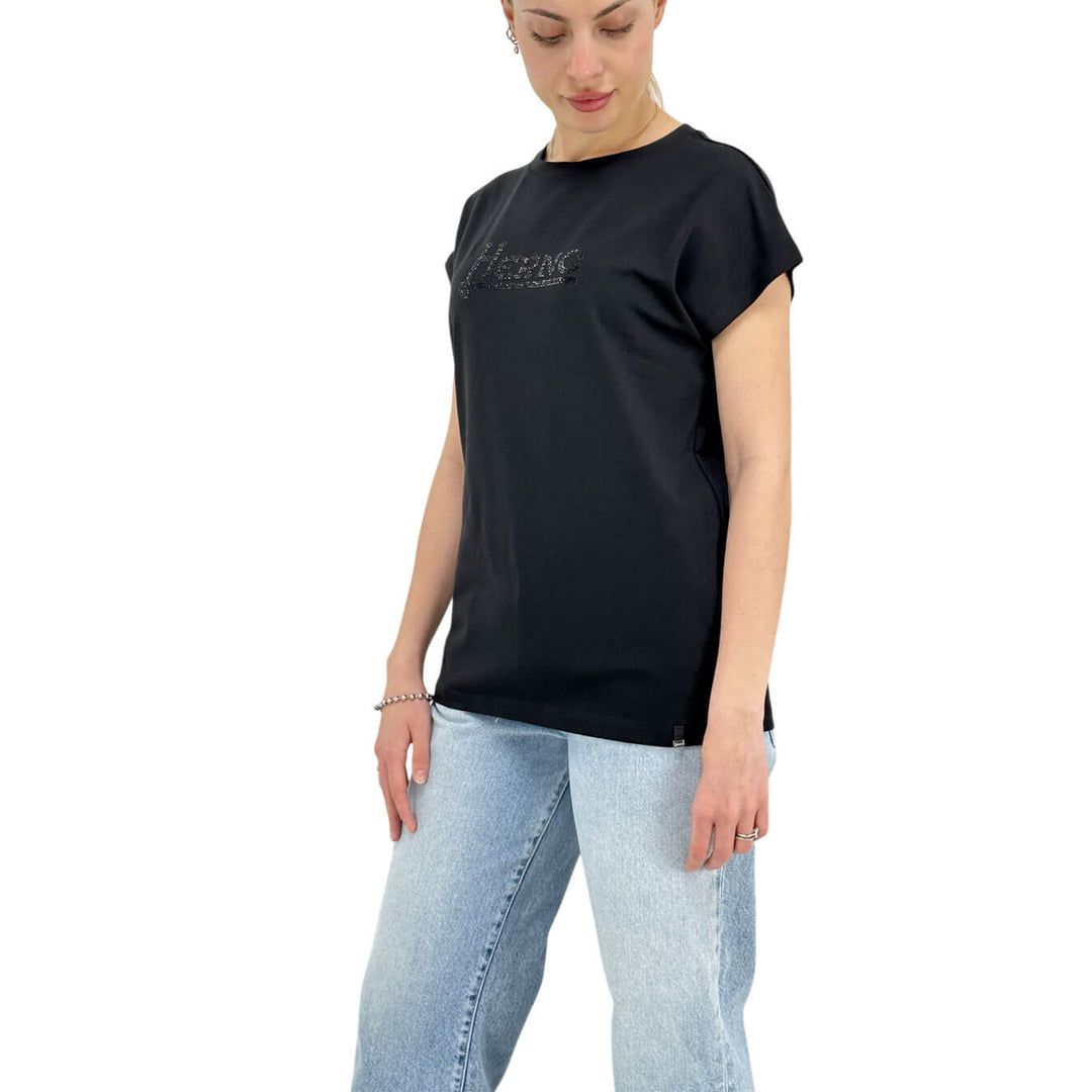 Herno Maglia Donna, T-Shirt con Logo Strass, Cotone, Nero