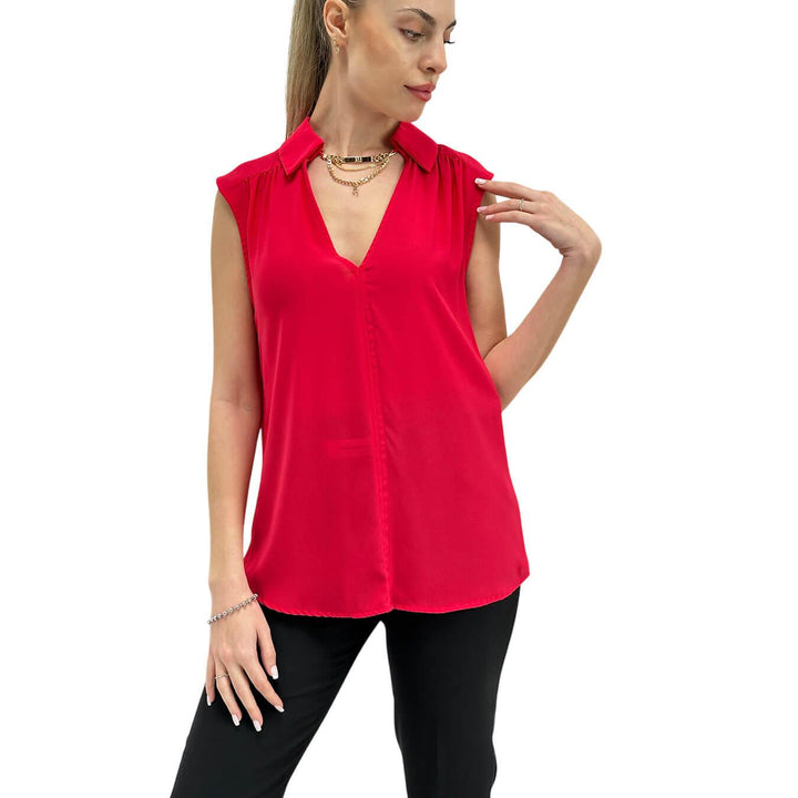 Relish Women's Blouse, Sleeveless, V-Neck, Collar, Red