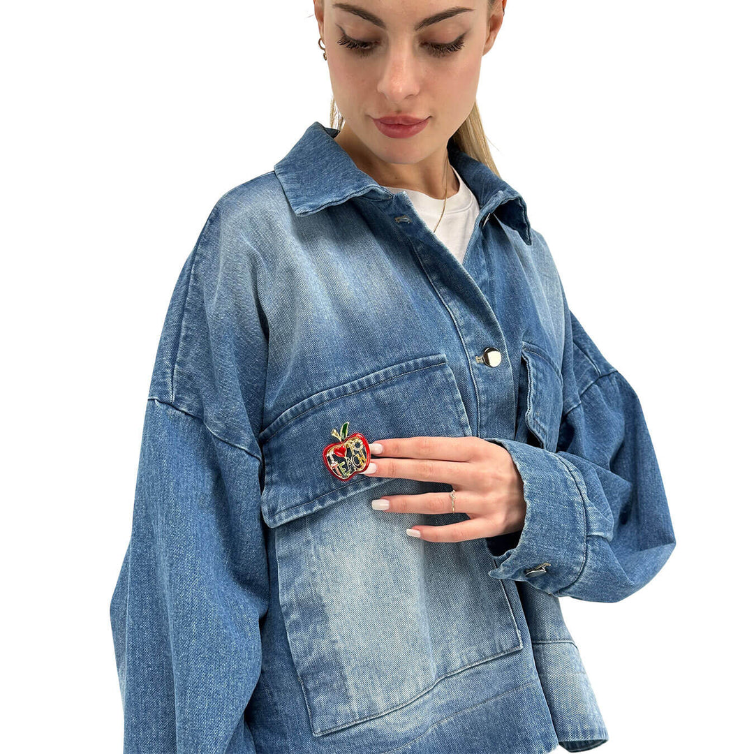 Motel Women's Jacket, Denim, Over, Maxi Pockets, Blue Cotton