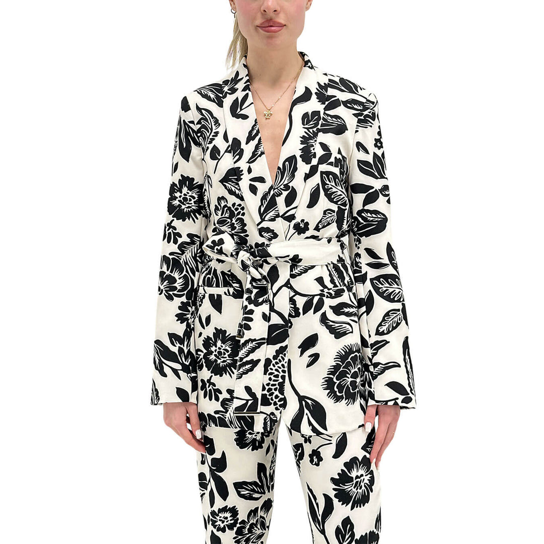 Koralline Giacca Donna, Cintura, Fantasia Floreale, Bianco e Nero