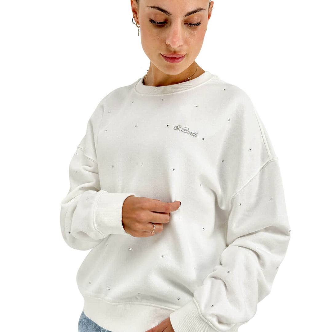 Mc2 Saint Barth Maglia Donna, Felpa Casey, Strass, Cotone, Bianco
