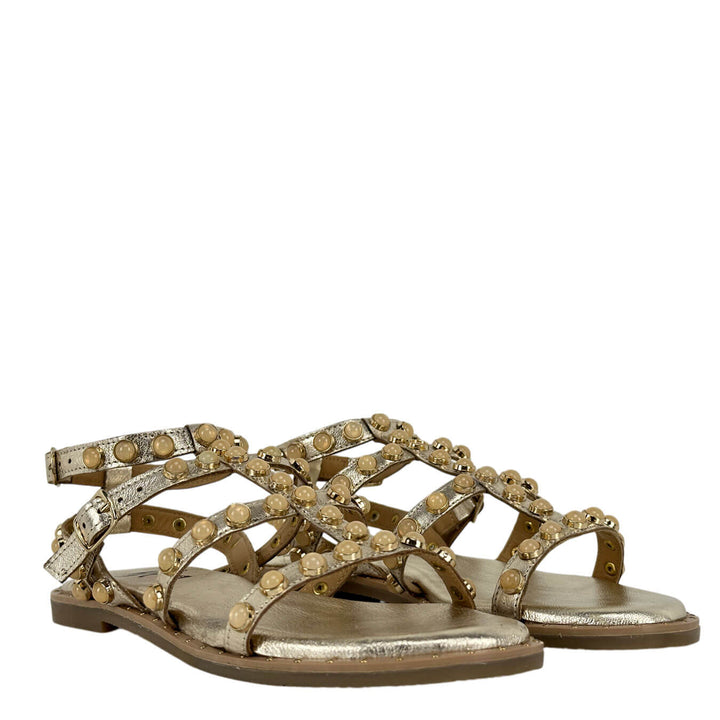 Ovyé Women's Shoes, Studded Sandal, Laminated Leather, Gold