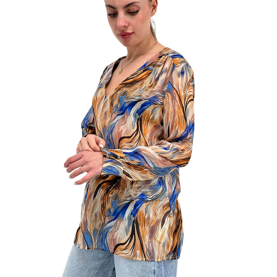Koralline Women's Blouse, V-Neck, Geometric Pattern, Multicolor