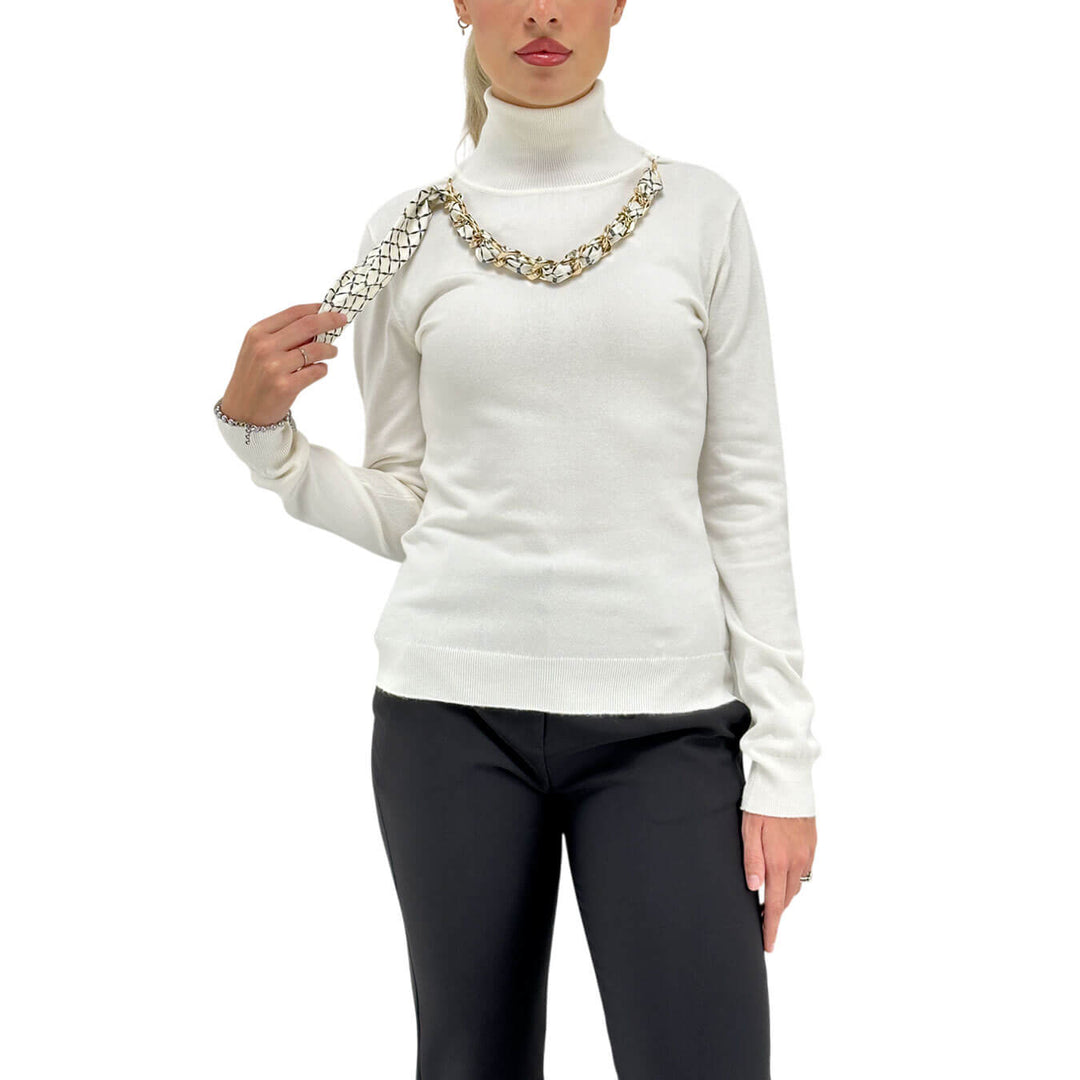 Relish, Maglia, Collo Alto, Viscosa, Collana, Bianco