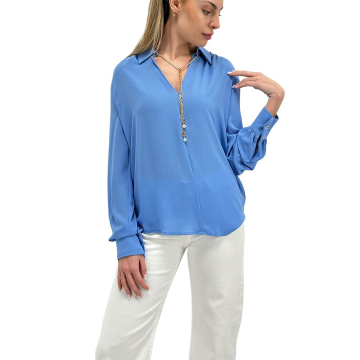 Relish Marbella Blouse Women, V-Neck, Chain Logo, Light Blue