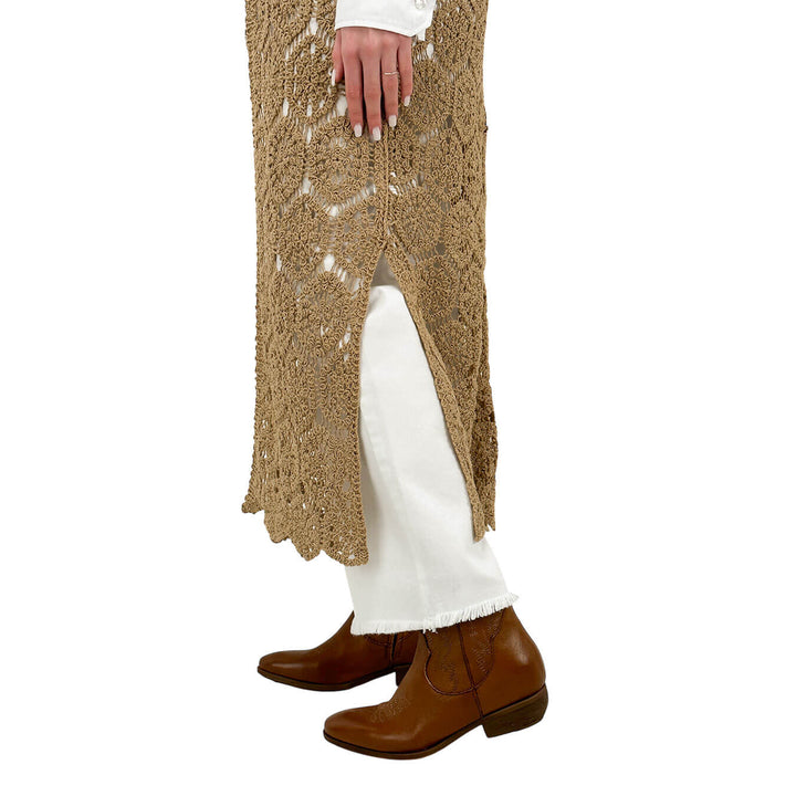 Koralline Women's Vest, Open, Long, Crochet, Cotton, Beige