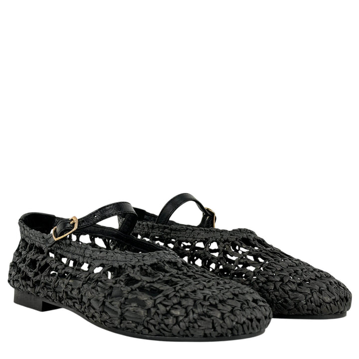 Ovyé Women's Shoes, Ballerina, Woven Raffia, Strap, Black