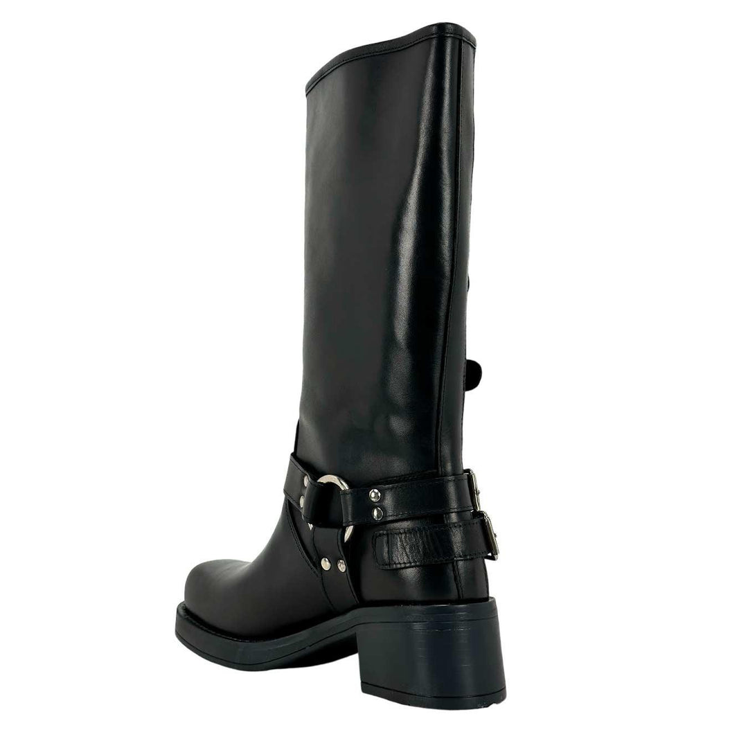 Ovyé Women's Shoes, High Boot, Biker, Side Buckles, Leather, Black