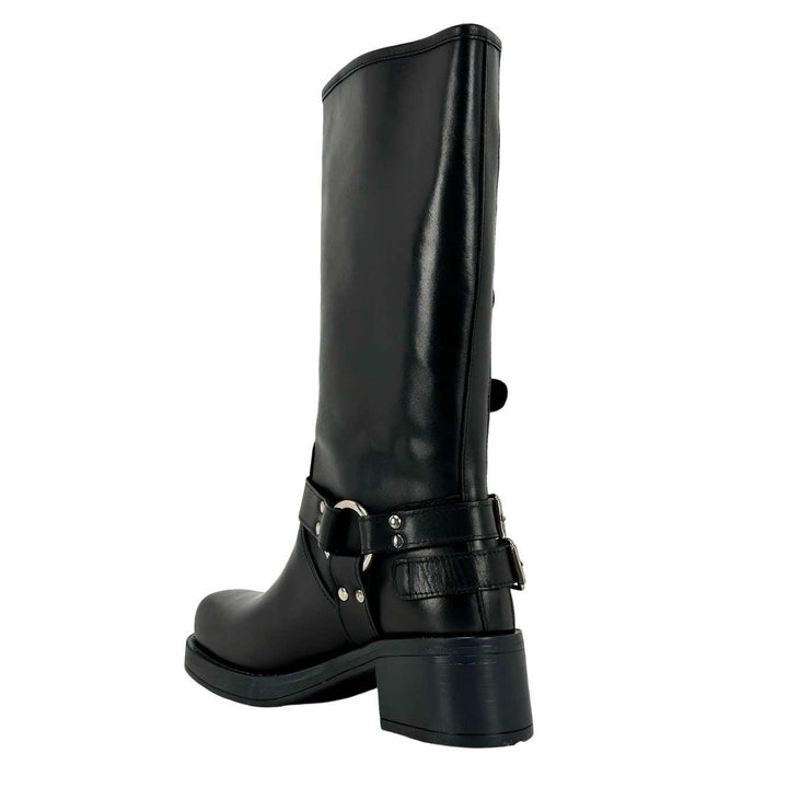 Ovyé Women's Shoes, High Boot, Biker, Side Buckles, Leather, Black