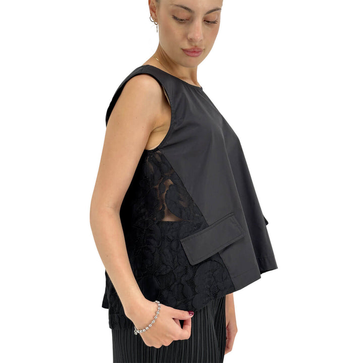 Meimeij Women's Sleeveless Top with Lace Inserts, Cotton, Black
