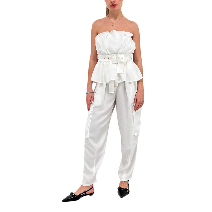 Koralline Maglia Donna, Top Volant, Cintura, Bianco