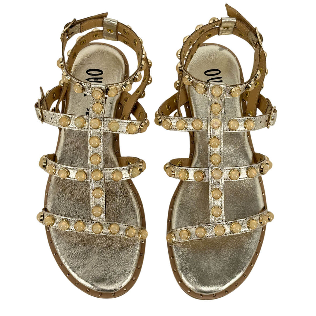 Ovyé Women's Shoes, Studded Sandal, Laminated Leather, Gold