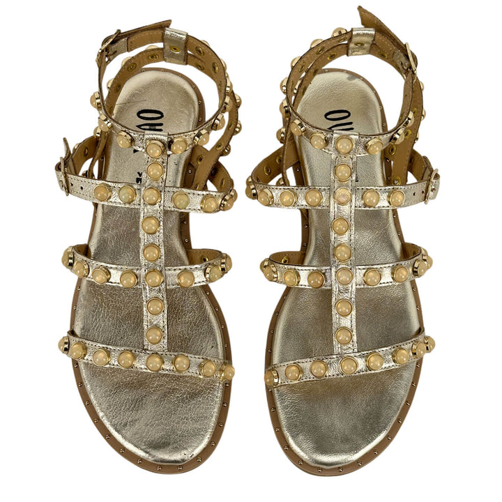 Ovyé Women's Shoes, Studded Sandal, Laminated Leather, Gold