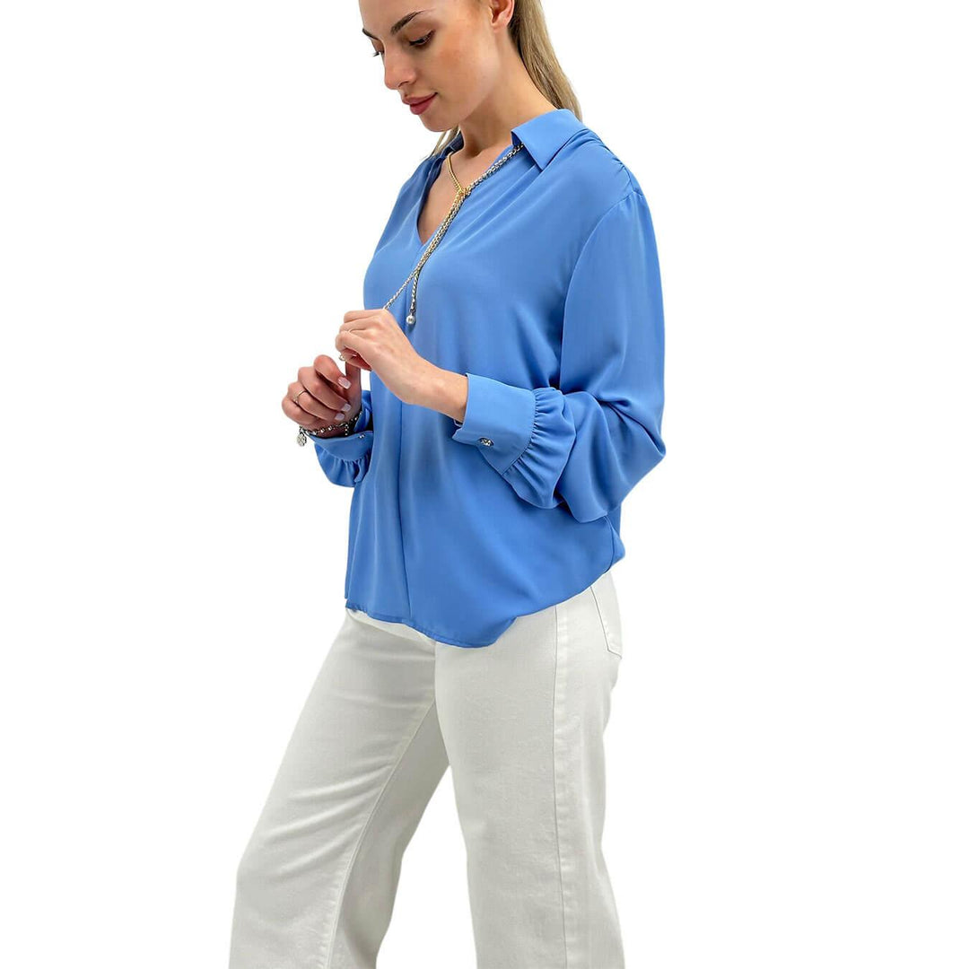 Relish Marbella Blouse Women, V-Neck, Chain Logo, Light Blue