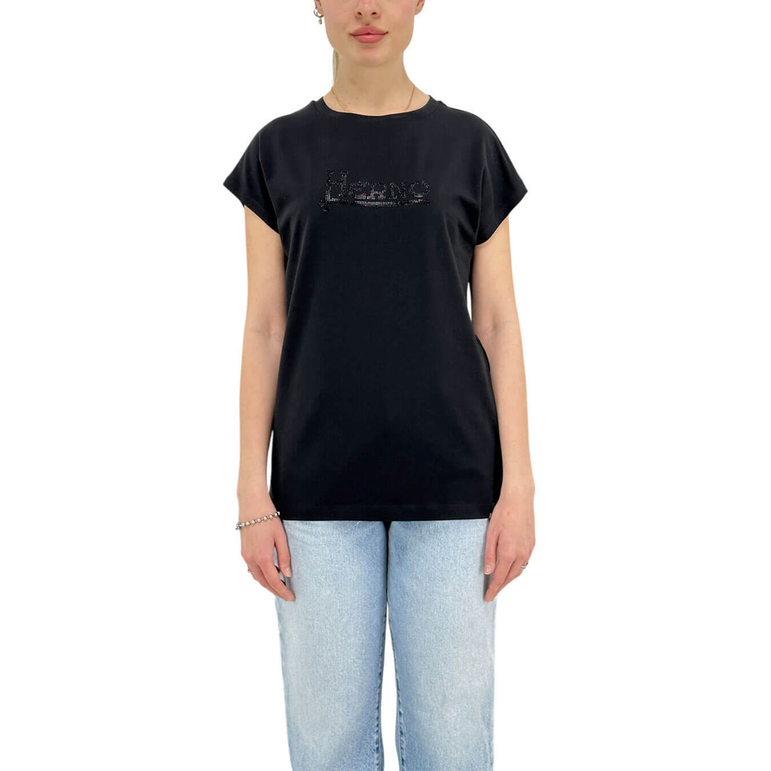 Herno Maglia Donna, T-Shirt con Logo Strass, Cotone, Nero