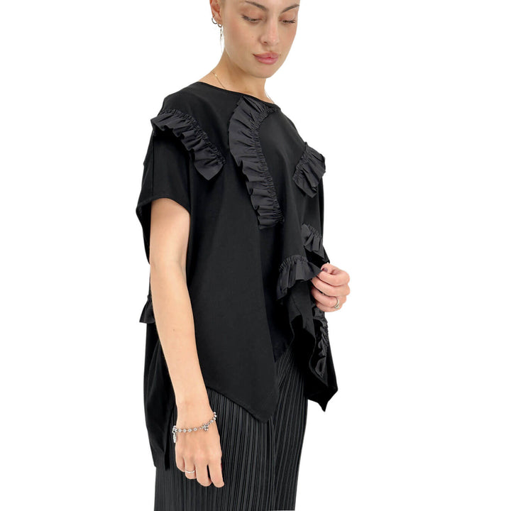 Meimeij Women's T-Shirt, Crew Neck, Appliques, Cotton, Black